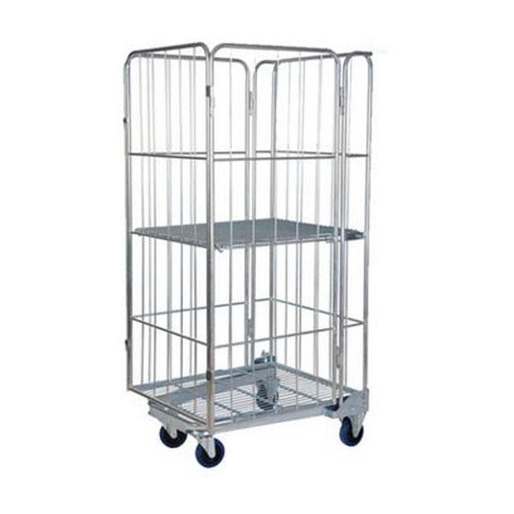 Warehouse Folding Logistics Trolley with Galvanized Wired Mesh Container Construction
