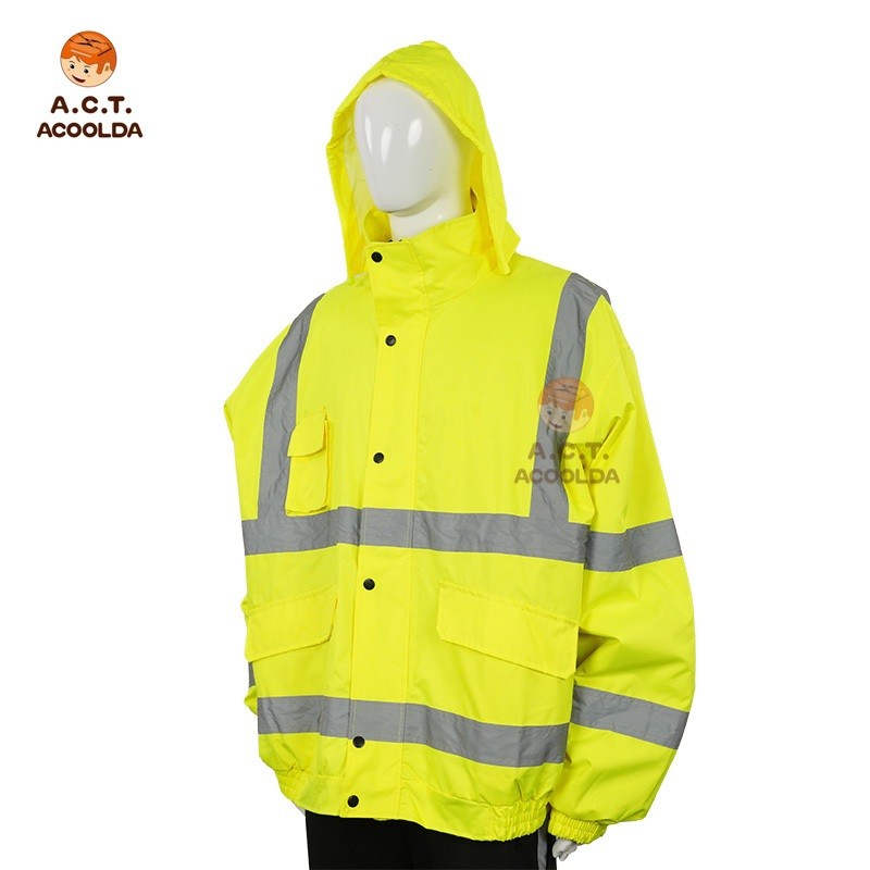 yellow waterproof reflective jacket, hi-vis rainproof safety jacket, hooded reflective jacket for delivery riders, custom logo waterproof jacket, bulk hi-vis courier jacket, OEM reflective rain jacket supplier, loose-fit reflective jacket wholesale,